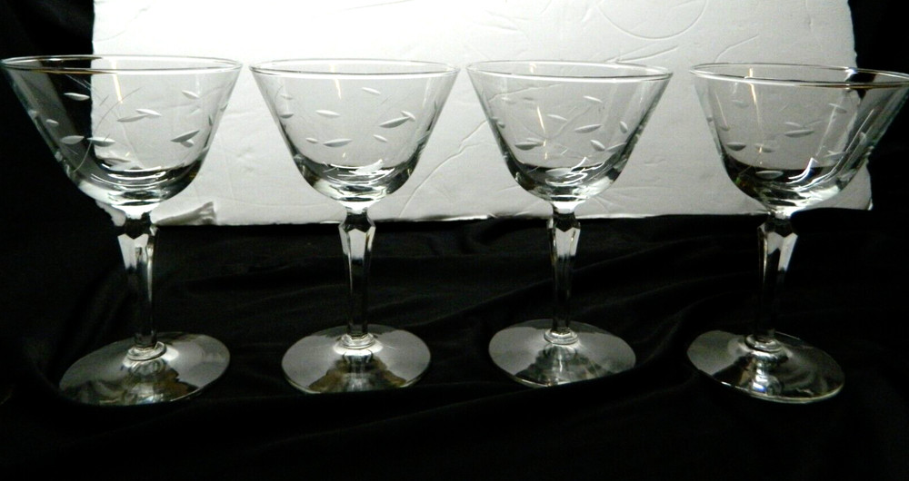 Vtg MCM Libbey Glass Windswept Champagne Cocktail Etched Prism Stem Lot of 4 EUC