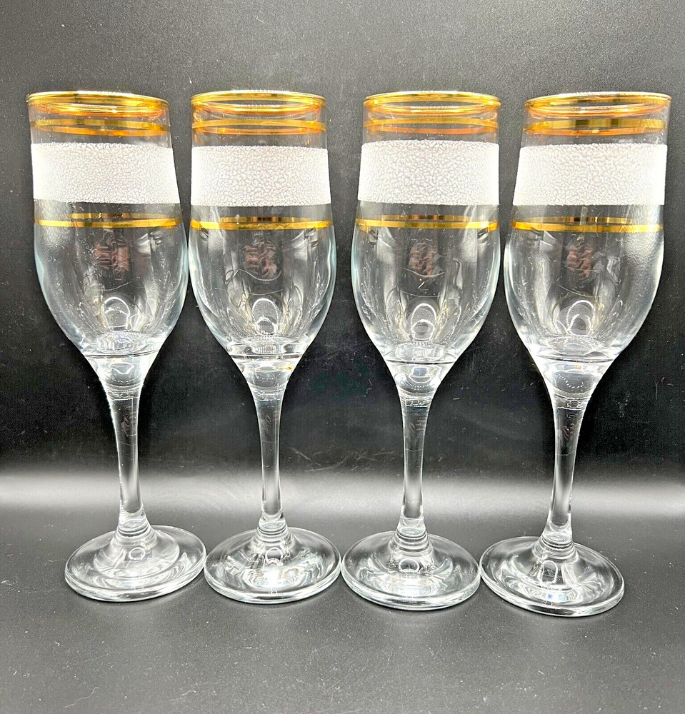 Set of 4 Vintage Midcentury Clear Wine Glasses Gold Rim Textured Stripe 8 in