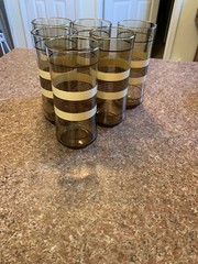 Six Vtg Amber/brown Beige& Brown Circles Band Libbey Tea /water Glasses