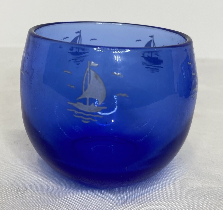 Vintage Hazel Atlas Cobalt Blue Ships Sailboat Roly Poly Tumbler