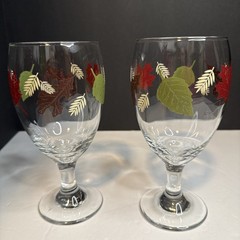 2 Libbey Autumn Fall Leaves Ice Tea Water Goblets Green Brown Yellow Red Leaf