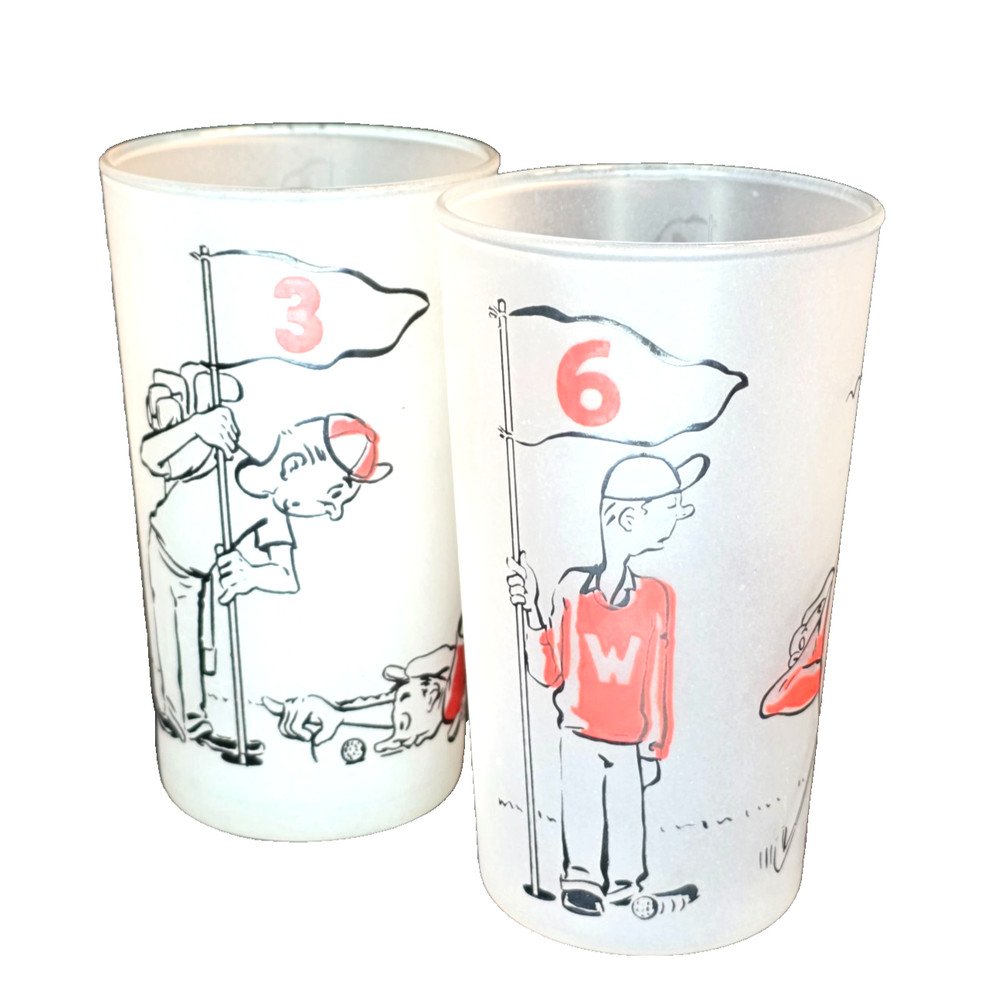 Vintage Hazel Atlas Style Golf Theme Frosted Glass Tumblers Set 2 Red Black ’50s