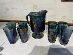 Indiana HARVEST GRAPE BLUE Carnival Glass iridescent PITCHER SET w/8 TUMBLERS