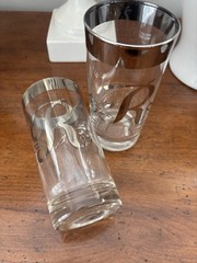 Pair Of Two Dorothy Thorpe Monogram Silver Rim Tall Bar Glasses Mid Century “R”