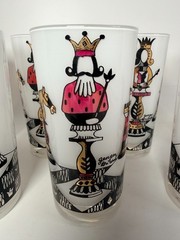 RARE Georges Briard Chess King Queen Highball Glasses Set of 7 MCM Signed Vtg