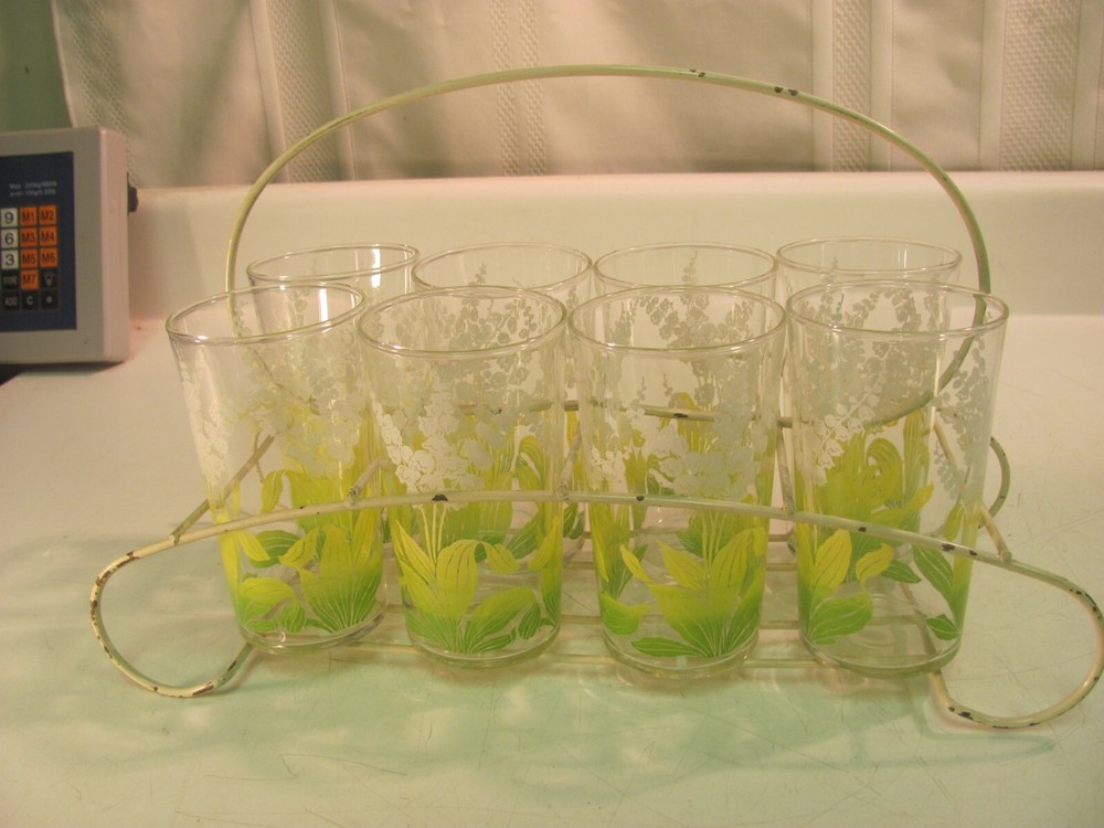 Glass White Green Snapdragon Tumblers Caddy Cocktail MCM Vintage 8 Carrier
