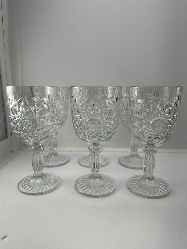 6 Libbey Hobstar Clear Water Goblets Starburst Vintage Heavy Perfect!