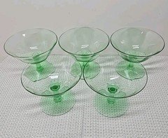 Vintage Set (5) Glowing Uranium Paneled Optic Low Sherbet Depression Era Glasses