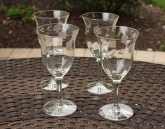 Clear Optic Gray Cut Floral Wine Glasses 6 5/8″ Hand-Blown Elegant Set of 4
