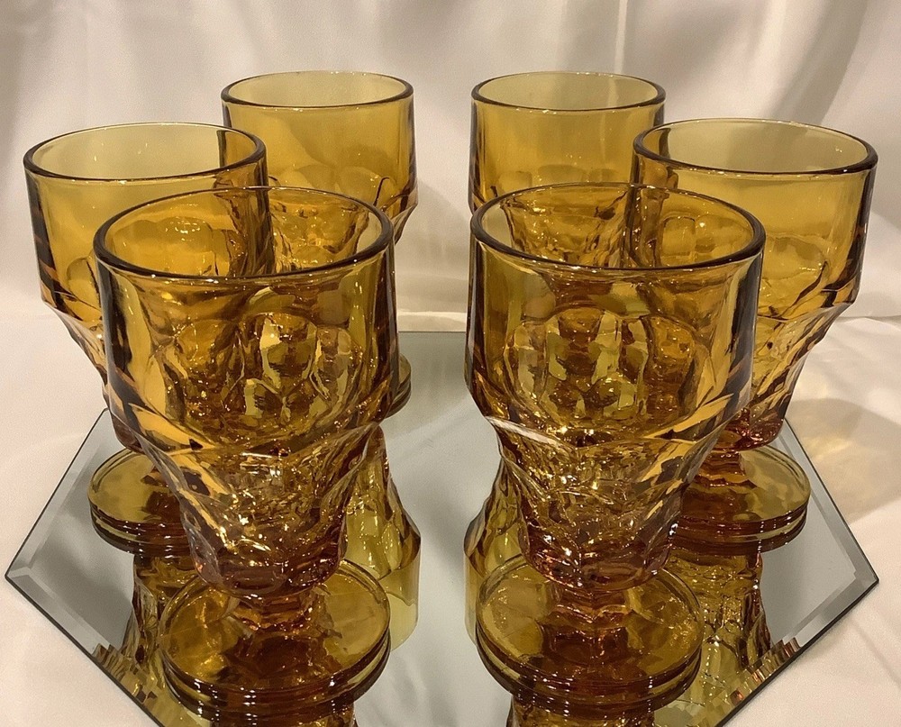 Anchor Hocking Amber Georgian Honeycomb 5.5” Footed Iced Tea Goblet – Set of 6