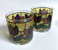 Vintage Tulip Design Pattern Low Ball Cocktail Stained Glasses Set of 2