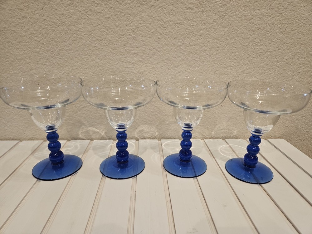 Set Of 4 Libbey Metropolis Cobalt Blue Bubble Stem Margarita Glasses 6” 10oz