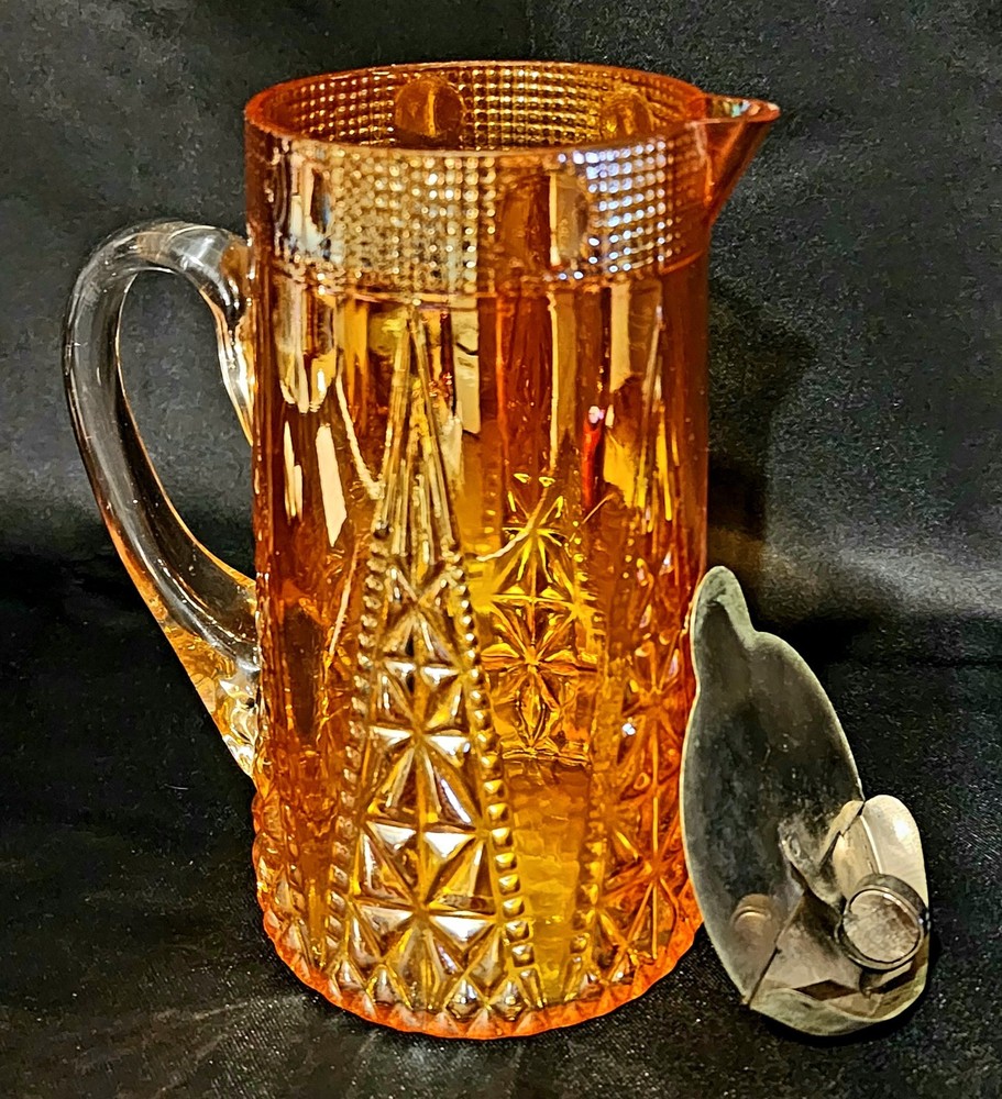 Carnival Glass Marigold Beaded Spears Variant pitcher rare with lid 1935 circa