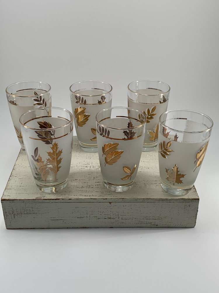 Vtg MCM Libbey Gold Foliage Frosted Cooler Glasses 10 oz Set of 6