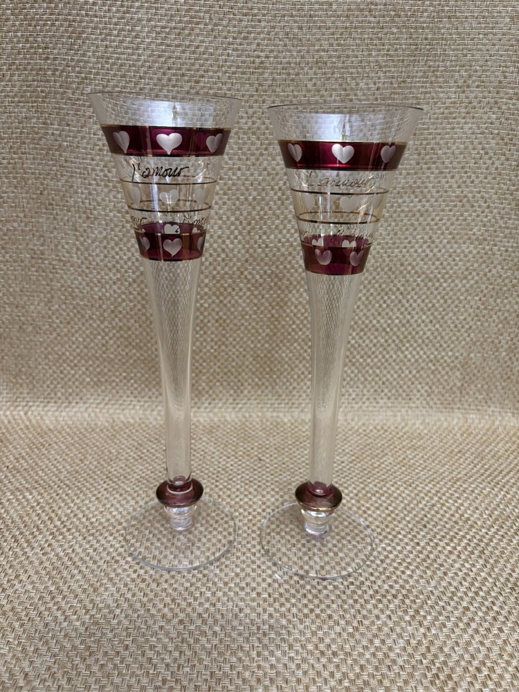 2 Pier 1 l’amour Hand BLOWN CHAMPAGNE Hollow stem flutes Cranberry/Gold Romania