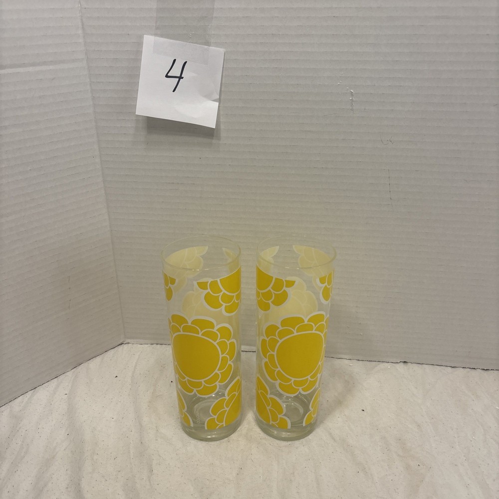 Vintage 2 Colony Yellow Mod Flower power Glasses MCM Collins 12 oz Barware RARE