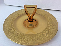 Lotus Glass Center Handled Tidbit Server 22 Karat Gold Encrusted 10 1/2″ Amber