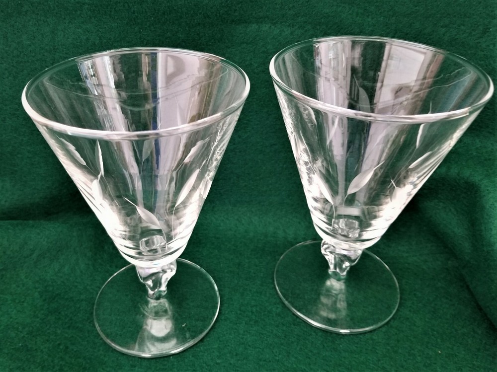 (2) Vintage Libbey Glass Simplicity Cut Atomic Era Flair Stem Water Wine Glasses