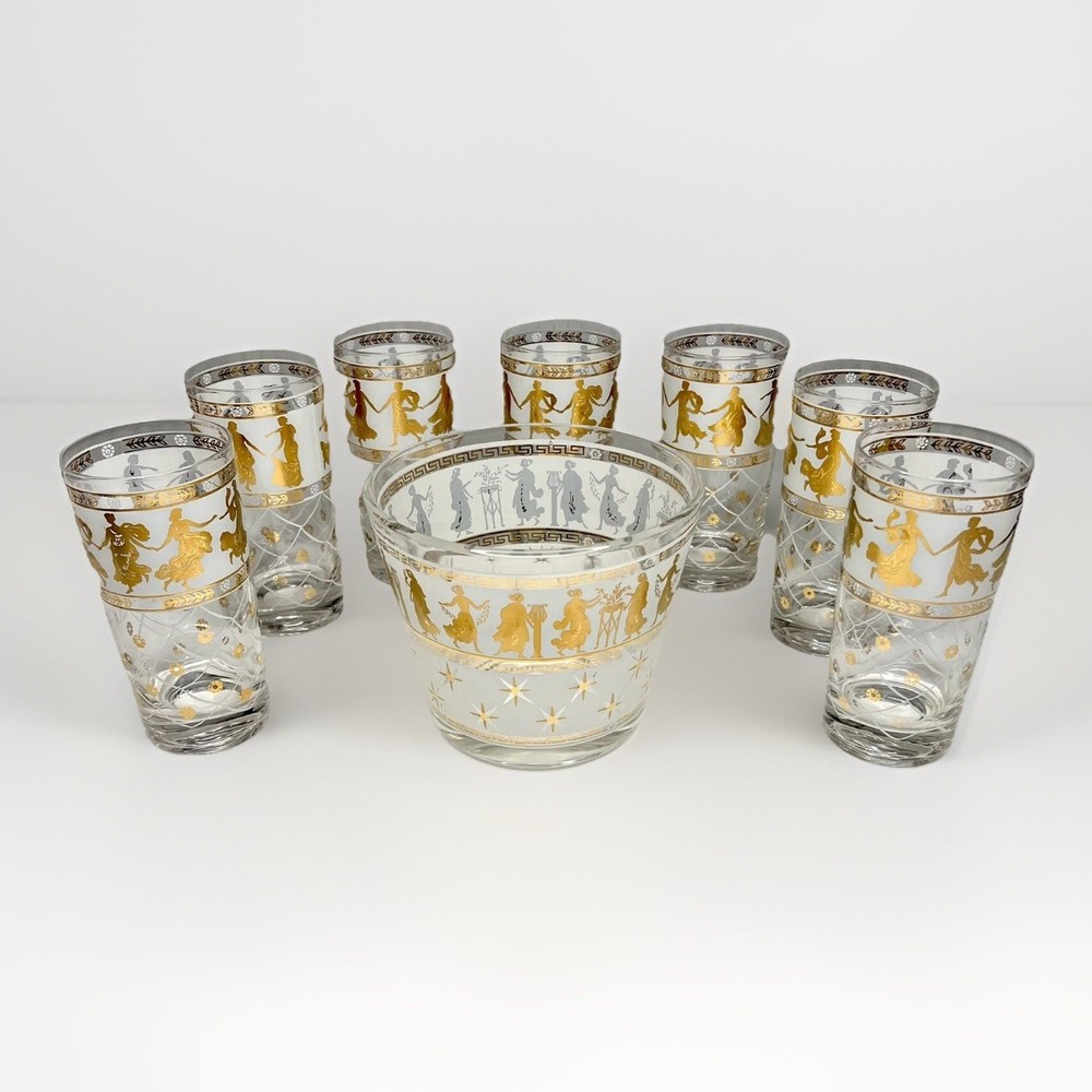MCM Gold Grecian Goddess Design Glass Ice Bucket & 7 Highball Glasses Aldon