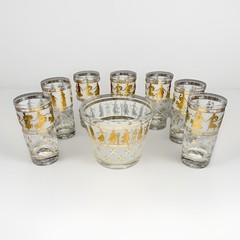 MCM Gold Grecian Goddess Design Glass Ice Bucket & 7 Highball Glasses Aldon