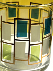 VTG LOT OF 2 1960’s LIBBEY GLASSES MCM BLUE GREEN W/GOLD TRIM ROCKS/JUICE