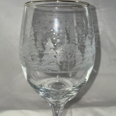 Libbey Arbys Winter Scenery Frosted Pine Trees Wine Glass Goblet Gold Rim