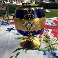 Bohemian Czech Royal Blue Glass Sniffer with Gold Accents and Enamel Flower