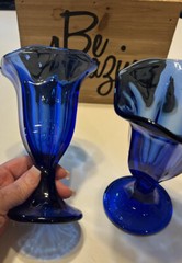 2 Anchor Hocking Cobalt Blue Fountain Ware Sundae Scallop Goblets Glasses Sale!!