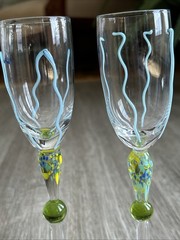 6 Vintage Abbott Art Glass Cordial/Liqueur Glasses Applied Embellishing 6 1/2”