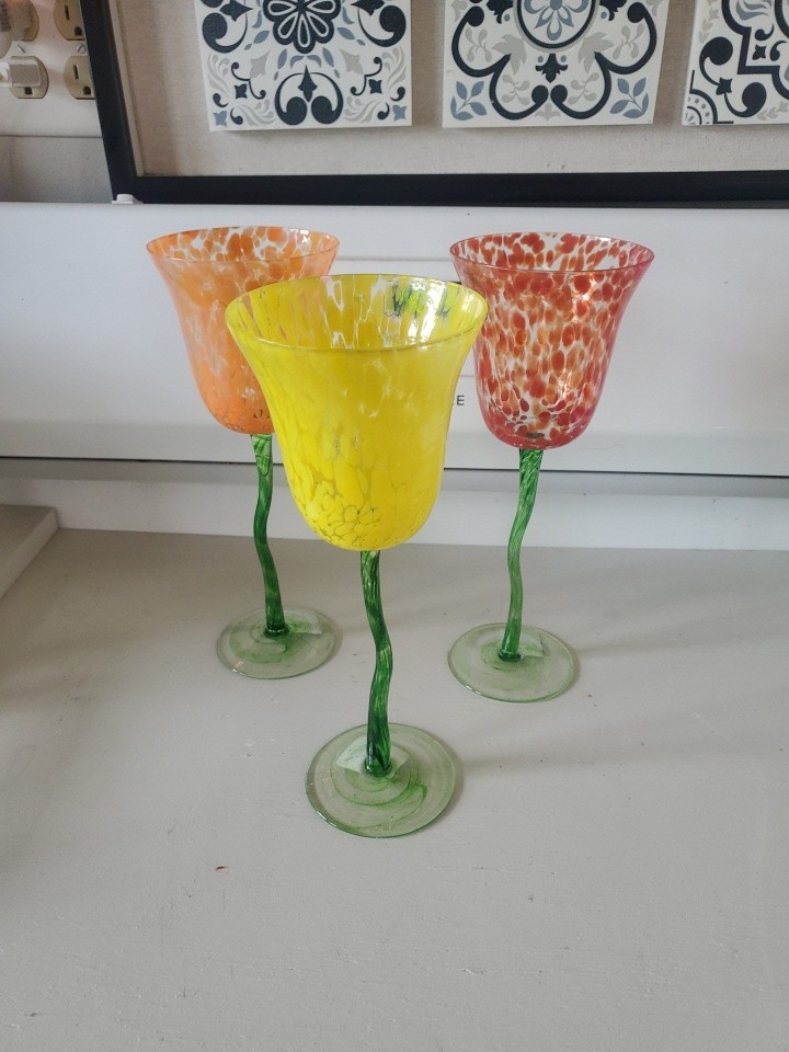 (3) Art Nouveau Handcrafted Confetti Art Glass Flower Stem Tulip Wine Glasses