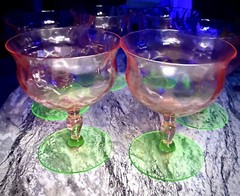 4 Antique Depression Uranium Watermelon Glasses Pink & Green Vintage Set Decor