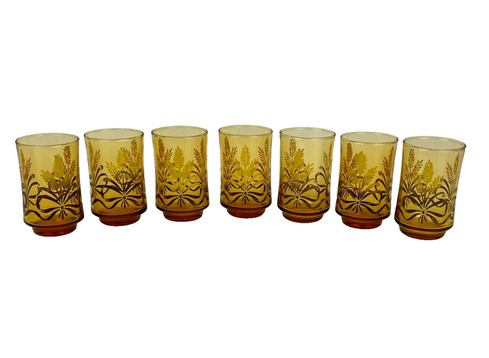 7 Libbey Amber Wheat & Ribbon 3.75″ Tall Vintage MCM Juice Glasses – EUC