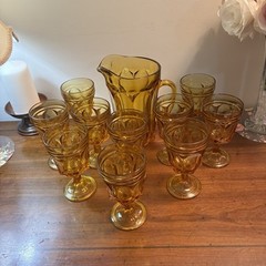 Vintage Anchor Hocking Fairfield Amber Pitcher+ Stem Goblets set of 10 EUC