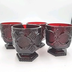 Vintage Ruby Red Pressed Glass CAPE COD Footed Rocks Glasses Tumblers, Set Of 4