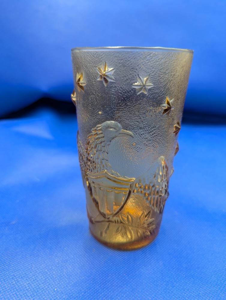 VINTAGE AMBER TUMBLER GLASS With Eagle-Shield-Patriotic Stars Made In Italy
