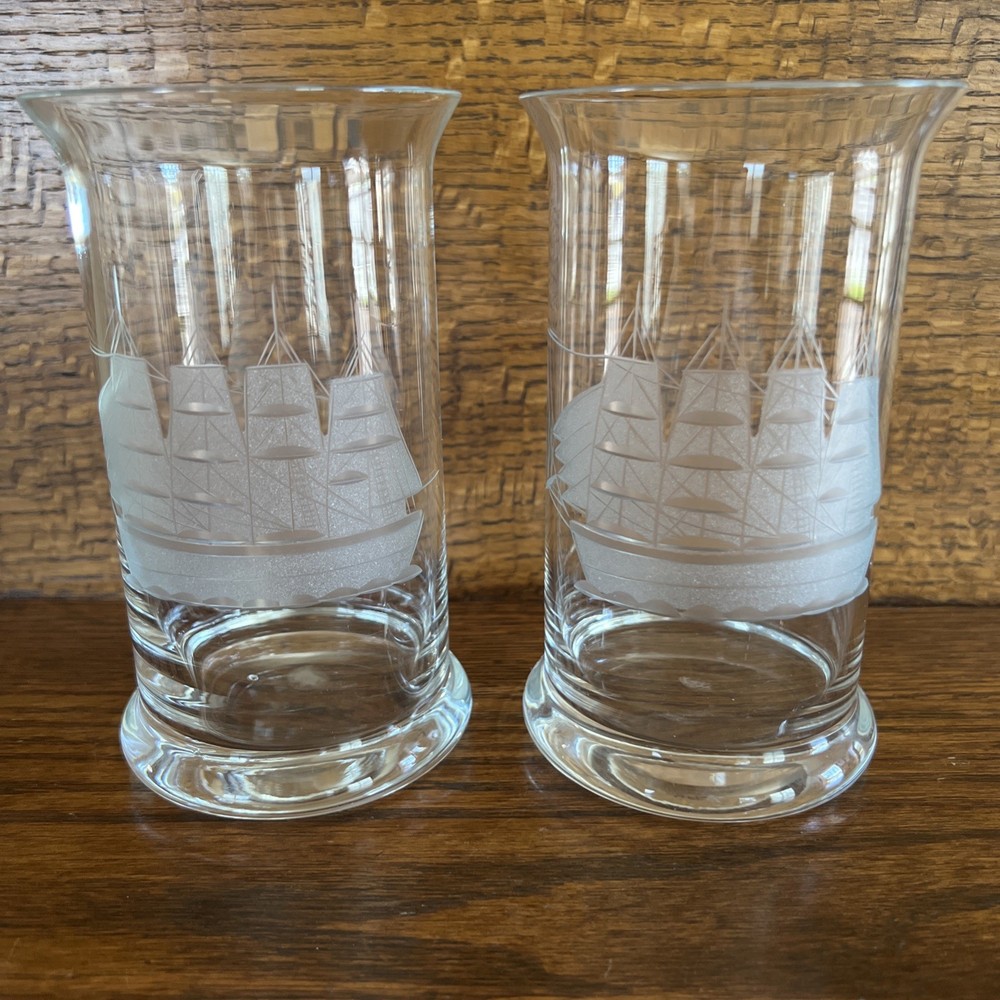 2 TOSCANY Tumblers Etched CLIPPER SHIP CRYSTAL Clear Glass Cocktail Highball Set