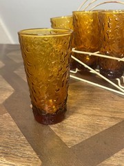 VTG MCM Amber Textured Glasses Tumblers 12 oz set of 8 w/ Caddy RARE FIND