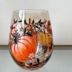 Hand Painted Fall Pumpkin Stemless Wine Glasses Set of 2 Chic Barware NEW