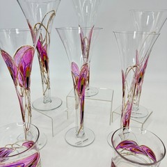 Romanian Hand Blown Glassware Set 6 Flutes 3 Tumblers Pink Gold Abstract