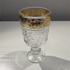 Clear and Gold Glass Goblet with Etched Pattern and Decorative Band