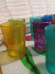 Moroccan Gold Trim OKAY Tea Glasses Vintage (10) Pink Yellow Blues Green Purple