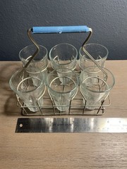 Vintage 6 Glass Juice Tea Tumbler Set w Wire Carrier Mid Century
