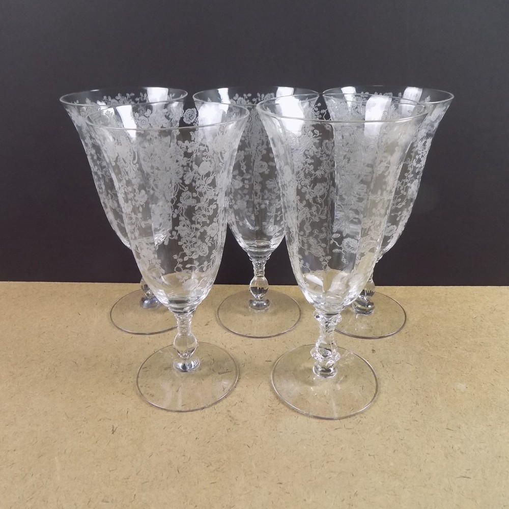 5 Cambridge Glass Rose Point Iced Tea Glasses Etched 7.5″ Tall