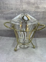 Fred Press Ice Bucket Candy Jar Glass with Brass Handled Caddie Holder & Lid
