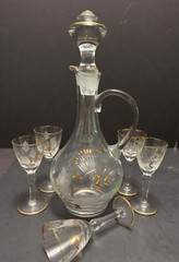 MCM Cordial Set Decanter & 5 Glasses Cut Etched Frosted & Gilt