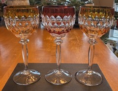 3 Vintage Anna Hütte Bleikristall Wine Glasses Jewel Tone Cut Crystal