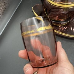 Vtg Mid Century Amethyst Glass Tumble Up Bedside Water Carafe Set Gold Band Tray