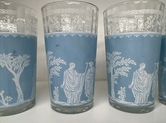 Set of 4 Vintage Jeannette Roman Greek Hellenic Blue Glasses 5″