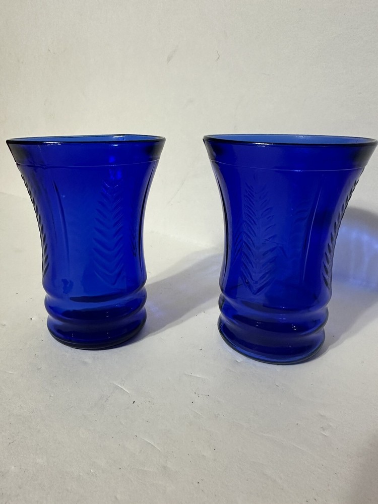 Maryland Glass Cobalt Blue Feather 8 Oz Flat Water Tumblers Set Of 2 1930