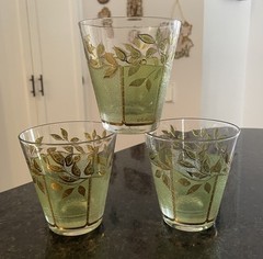(3) Culver Rocks Tumbler Glasses~Leaves~ 22-Karat Gold~Frosted Green~VINTAGE